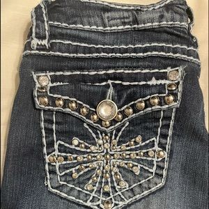 L.A. idol Low Rise Embellished Rhinestone Distressed Boot Cut Stretch Jeans